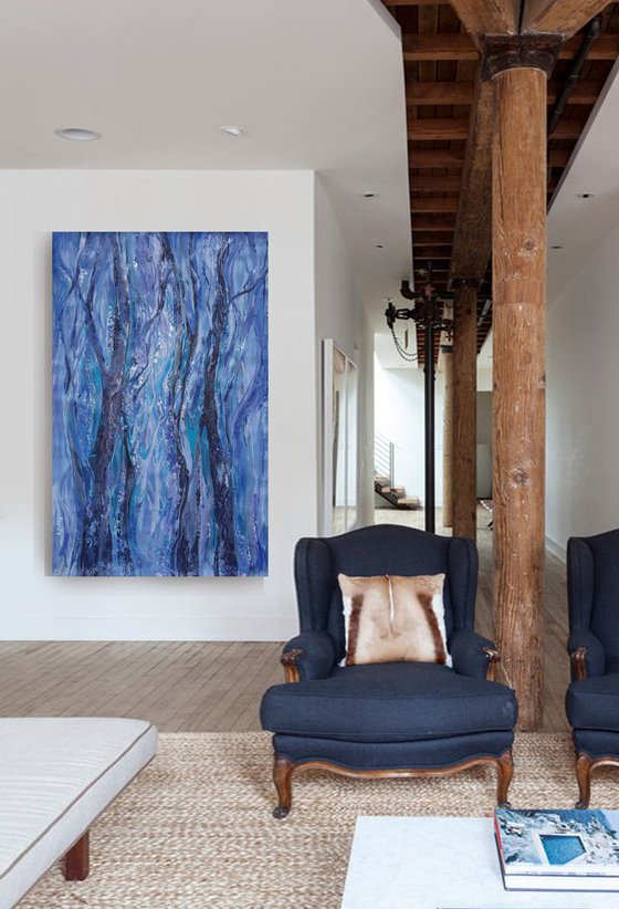 Large acrylic and pearl painting 100x160 cm unstretched canvas "Blue forest" i010 art original artwork by Airinlea