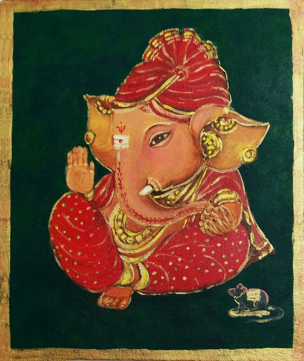Baby Ganesha with a red turban - 10x 12 acrylic painting on canvas panel by Asha Shenoy