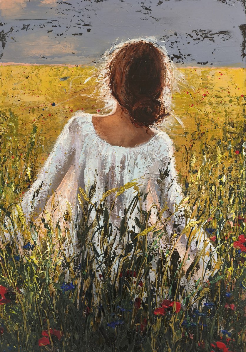 Expressive Portrait Acrylic Painting By Elena Kraft, 28 X 39, Towards The Sun, Original Artwork