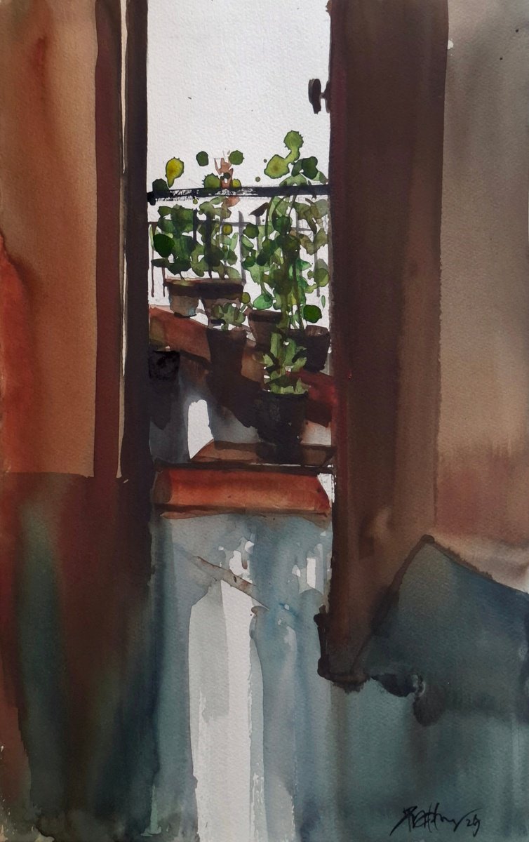 Impressionistic Botanical Watercolour By Prashant Prabhu, 12 X 18", Balcony Garden, Original Artwork