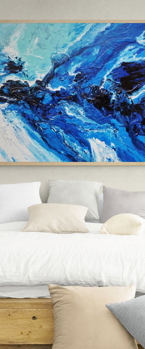 Wild Blue 160cm x 100cm Blue Aqua White Textured Abstract Art by Franko