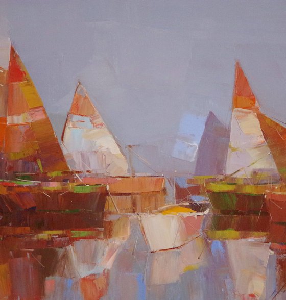 Sail Boats, Seascape Original oil painting, Handmade artwork, One of a kind
