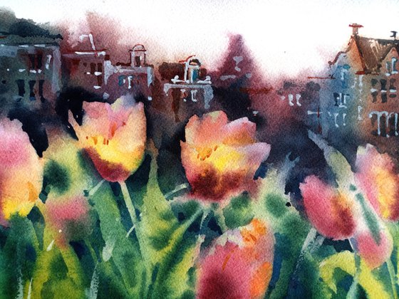 "Spring. Blooming tulips in Amsterdam" Original watercolor painting