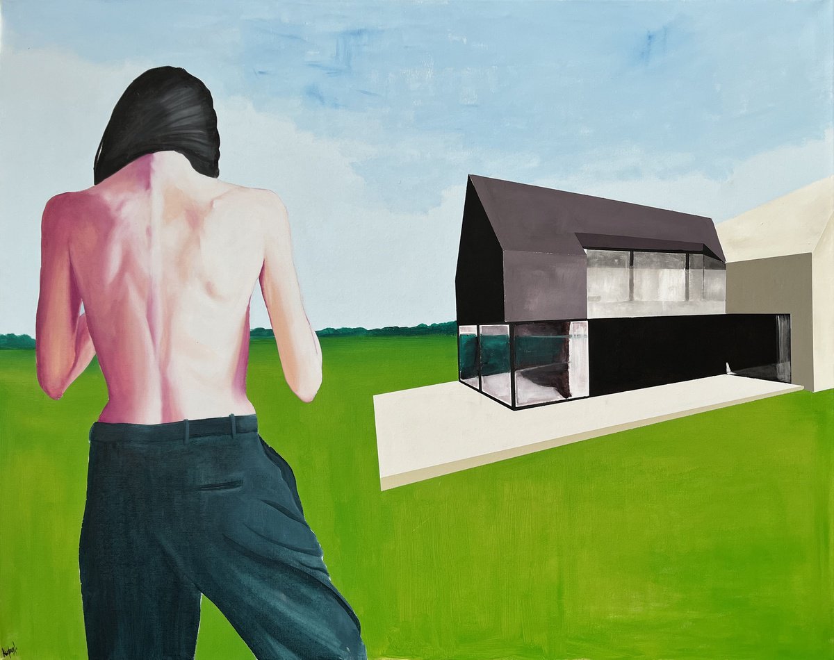 Urban And Pop Portrait Oil Painting By Kujbus Janos, 39 X 31", Waiting For The Next Day, Original Artwork