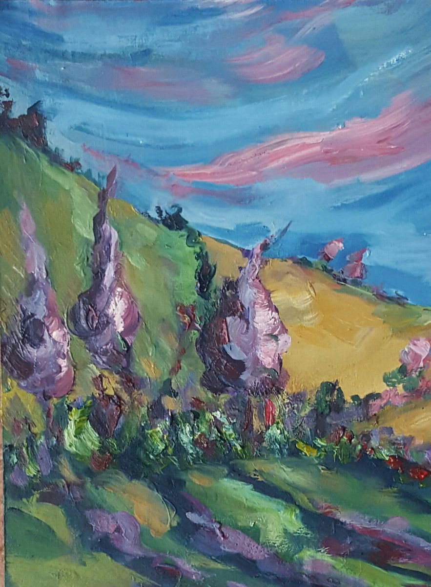 Rolling fields and Purple trees of sunset by Niki Purcell - Irish Landscape Painting