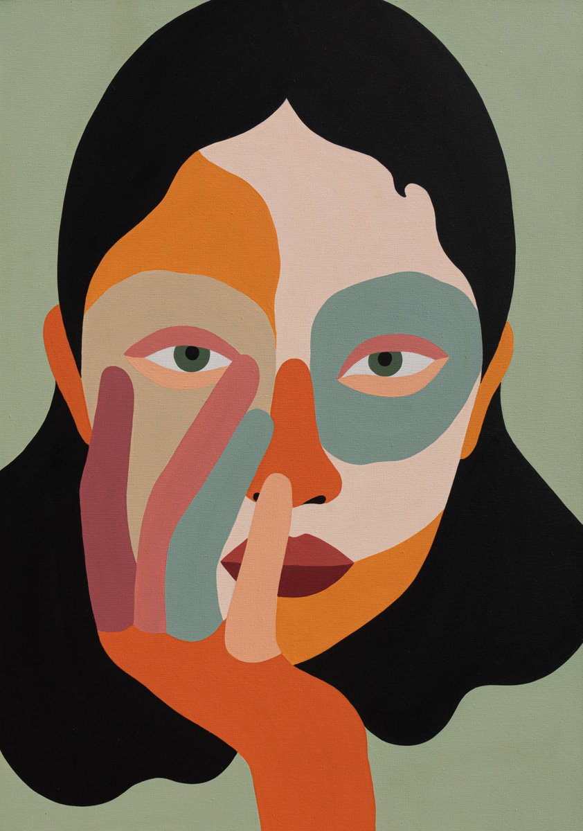 Geometric Portrait Acrylic Painting By Katalin Macevics, 30 X 41", Echo Of Silence, Original Artwork