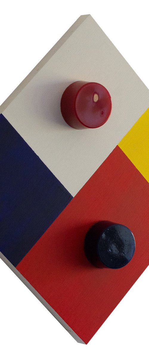 "Available Sold (Mondriaan)" (35x35x7cm) - Unique sculpture on wood (abstract, Mondriaan, original, painting, acrylic, resin, wood, 3D) by Rouzbeh Tahmassian