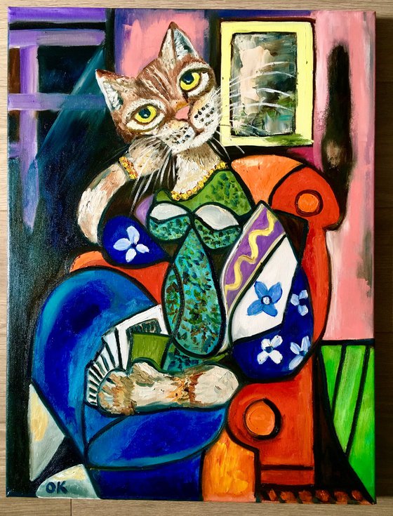 Cute Cat reading a book, version of Picasso painting FOR CAT LOVERS.