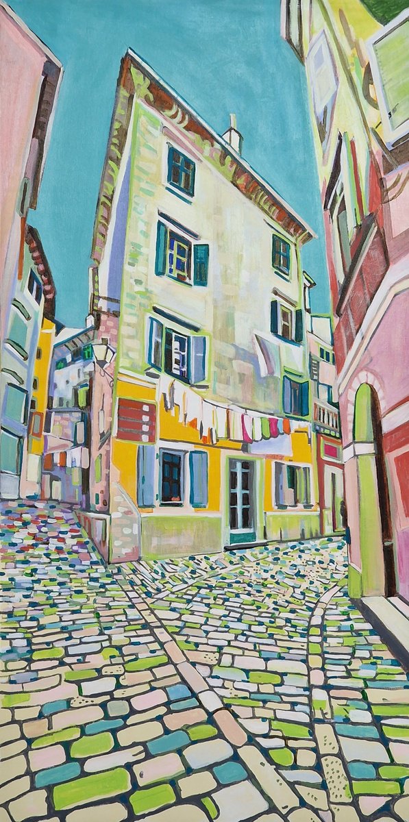 Urban And Pop Cityscapes Acrylic Painting By Alexandra Djokic, 24 X 47, Mediterranean Street, Original Artwork