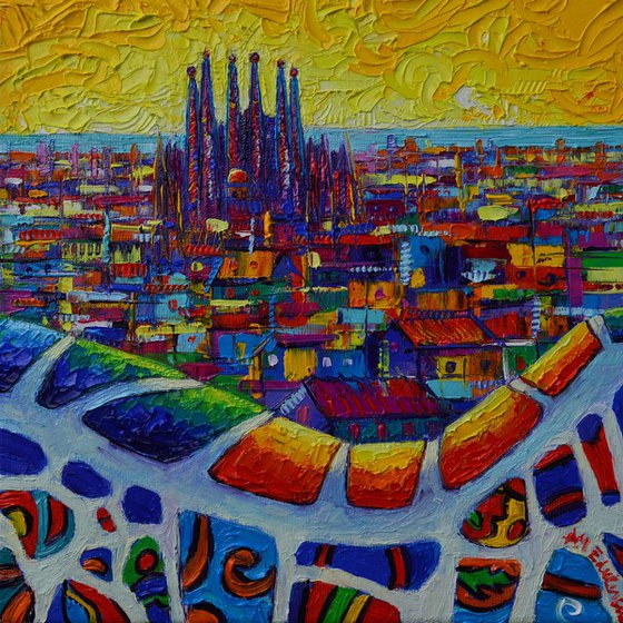 BARCELONA VIEW AT SUNRISE SAGRADA FAMILIA SEEN FROM PARK GUELL modern impressionist abstract stylized cityscape palette knife oil painting by Ana Maria Edulescu