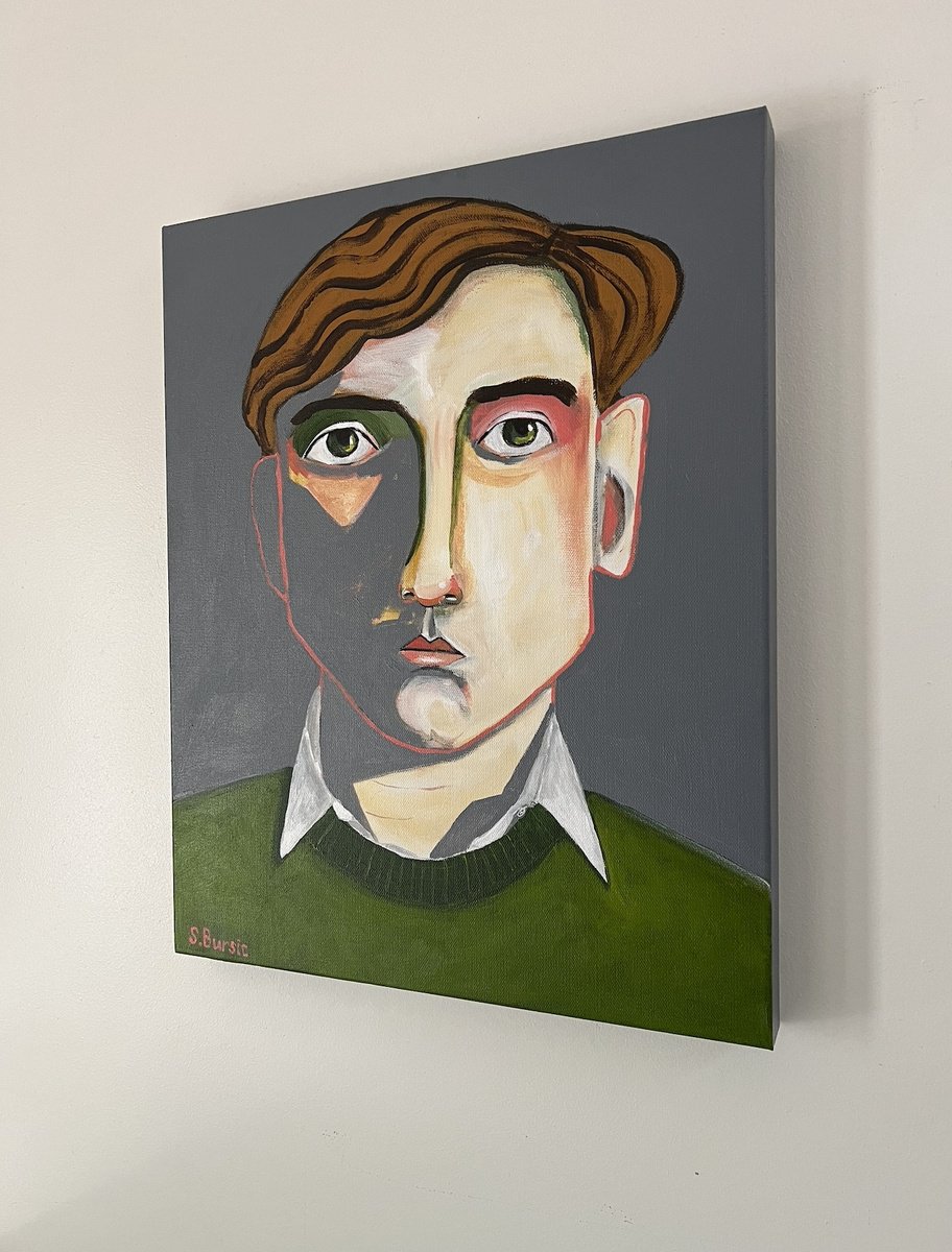 Naive Portrait Acrylic Painting By Sharyn Bursic, 16 X 20", Albert Tried To Always Blend In, Original Artwork