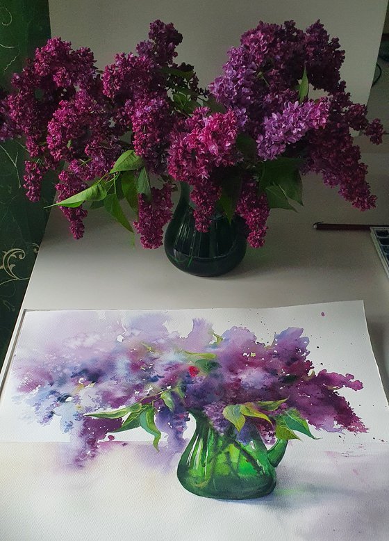 Spring bouquet: lilacs in green jug