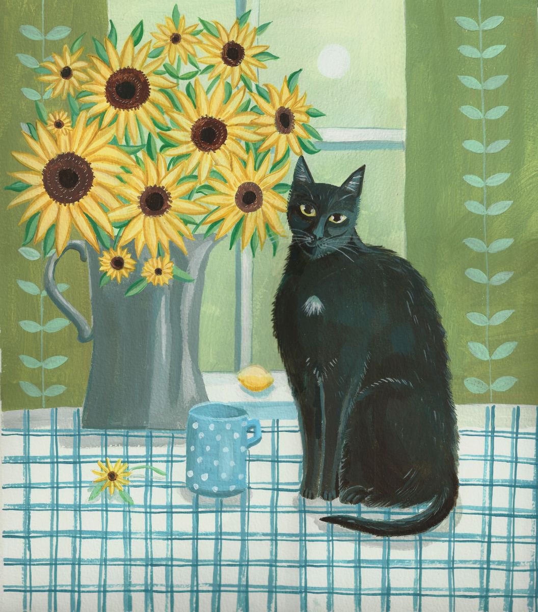 Illustrative Animal Acrylic Painting By Mary Stubberfield, 14 X 16", Black Cat With Sunflowers, Original Artwork