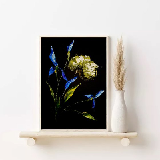 IRISES AND HERBS 3 - Black mini-art landscape. Floral on black.