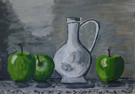 Still life with a jug and apples
