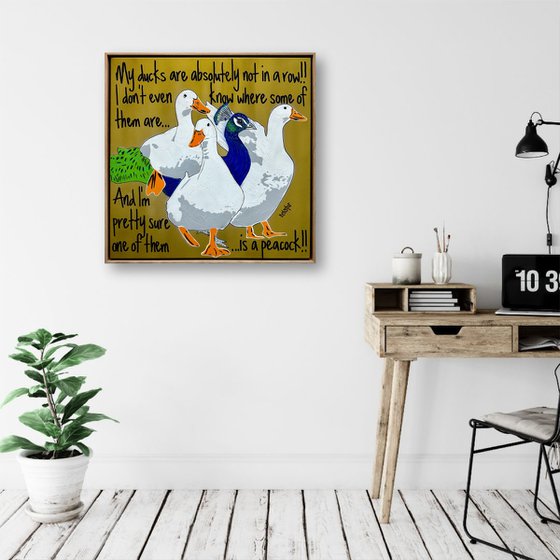 Ducks in a Row Gold Peacock Framed
