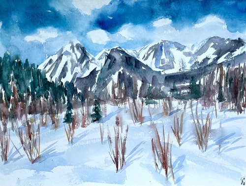 Mountain Original Watercolor Painting, Snowy Winter Landscape Artwork, Slovak Home Decor, Christmas Gift by Kate Grishakova