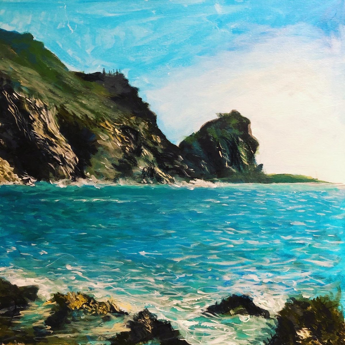 Abstract Landscape Acrylic Painting By Shabs Beigh, 20 X 20", Seascape Cornwall 3, Original Artwork