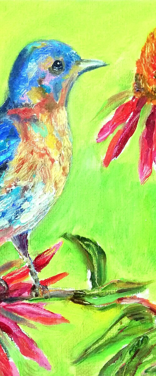 Bird Canvas Painting 8x8 in Oil,Green Miniature,Red Bloom,Original Handmade Artwork,Fantasy Garden,Sweet Portrait,Navy Blue Aesthetic Art by Katia Ricci