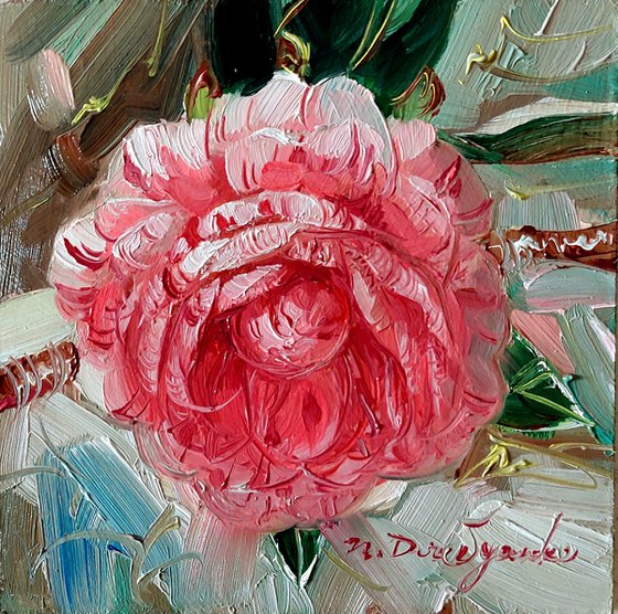 Camellia original oil painting framed, Small painting pink flowers, Unique camellia wall art, Floral art gift for women