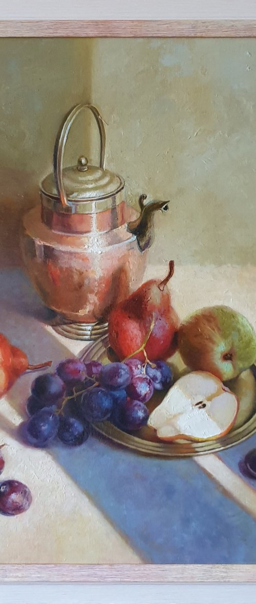 "Half an hour before morning tea."   still life fruits pears teapot copper liGHt original painting PALETTE KNIFE  GIFT (2021) by Anna Bessonova (Kotelnik)