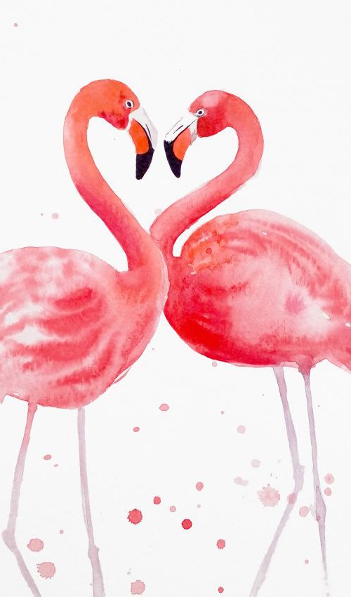 Flamingo Heart - Two Pink Flam by Olga Beliaeva Watercolour