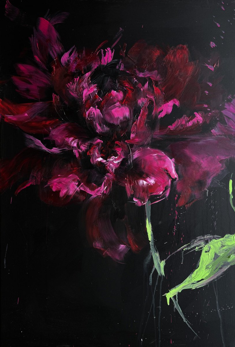 Abstract Botanical Acrylic Painting By Rosi Roys, 31 X 47", Pink Flower 22, Original Artwork