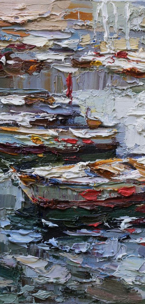 Rowing boats in the bay - Original oil painting by Anastasiia Valiulina