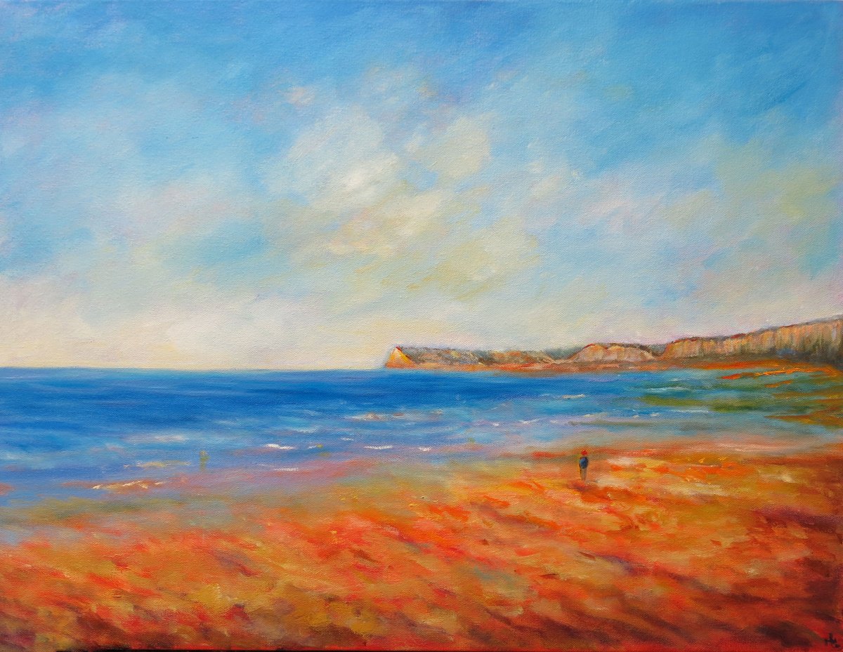 Impressionistic Landscape Oil Painting By Maureen Greenwood, 24 X 18", The Coastline Of Normandy, Original Artwork
