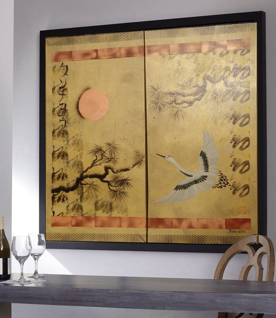 Japanese crane sun Japan Hieroglyph gold original artwork J118 large acrylic painting wall art for Lounge, Office or above sofa