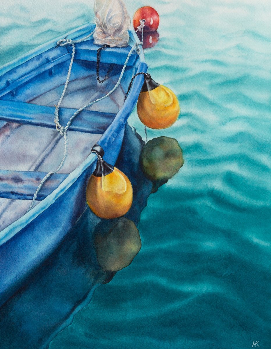 Impressionistic Landscape Watercolour By Kateryna Nazarenko, 11 X 14", Blue And Yellow Boat, Original Artwork