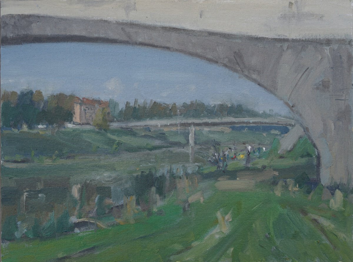 Impressionistic Cityscapes Oil Painting By Alex James Long, 16 X 12, Fishermen On The Arno, Original Artwork