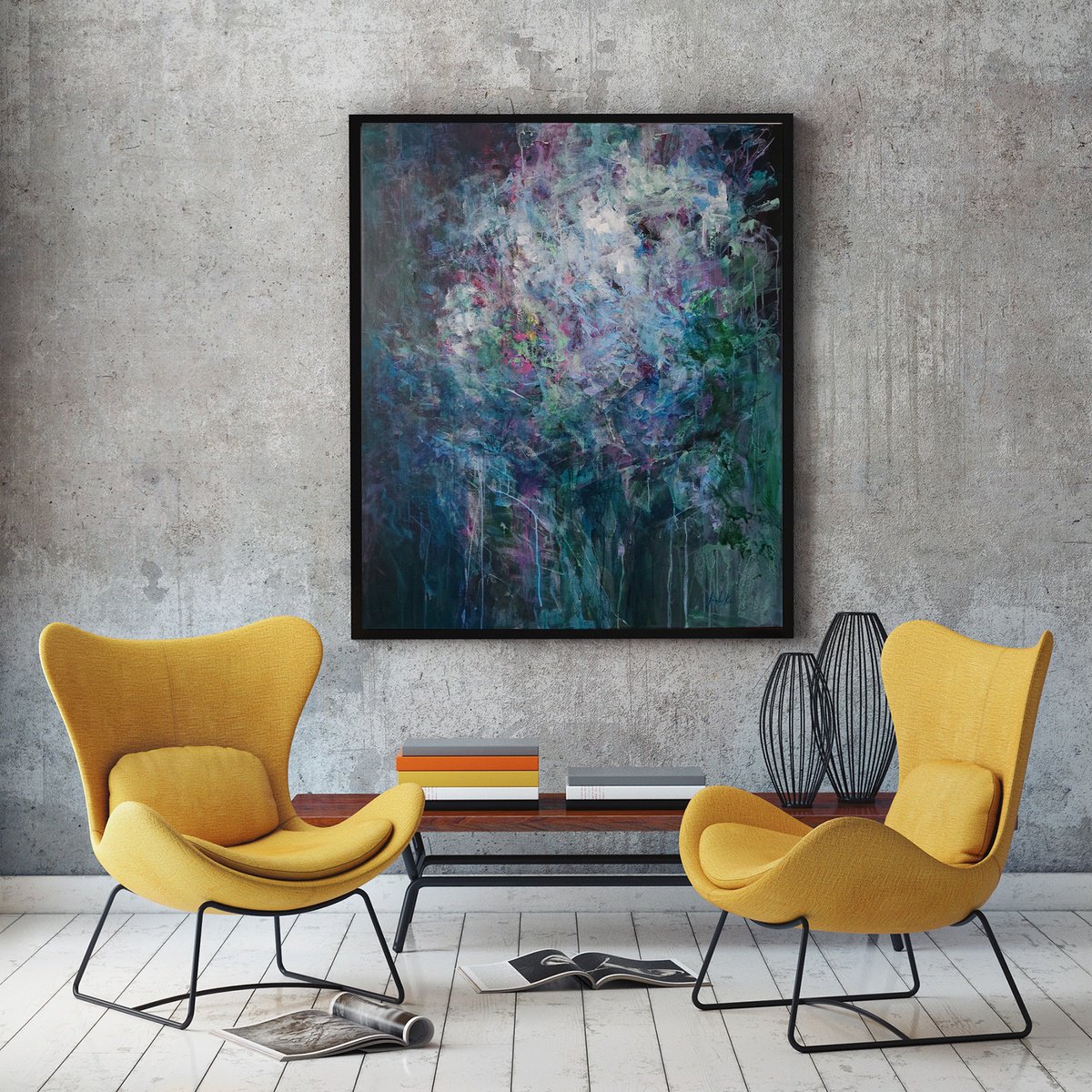 Organic Abstract Acrylic Painting By Katia Solodka, 39 X 47", Blue Rain, Original Artwork