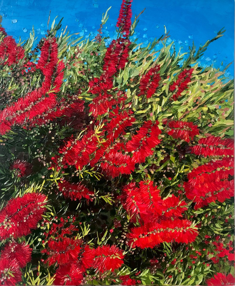 Impressionistic Botanical Oil Painting By Ulyana Korol, 21 X 26", Red Colibri, Original Artwork