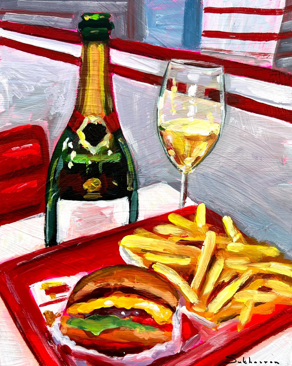 Impressionistic Still Life Acrylic Painting By Victoria Sukhasyan, 8 X 10", Still Life With In-N-Out And Champagne, Artfinder