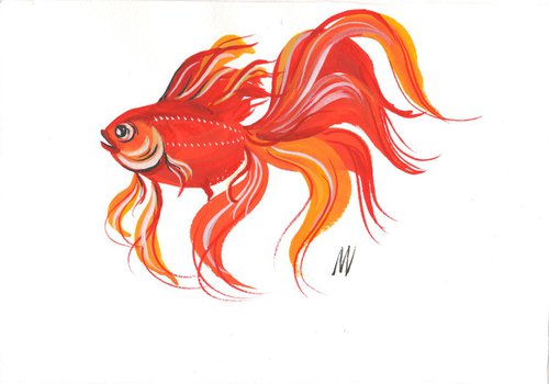 Gold Fish 06 - Gouache and ink original painting. by Mag Verkhovets