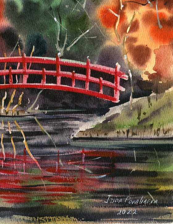 Red Bridge Over Stream