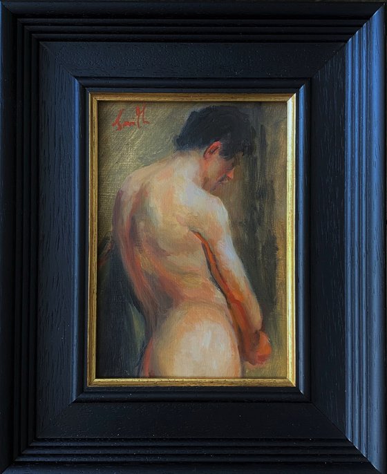 Old Master style male nude figure oil painting, with wooden frame.