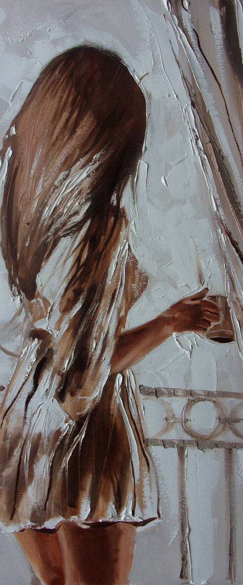 " COFFEE ... "-   liGHt  ORIGINAL OIL PAINTING, GIFT, PALETTE KNIFE nude by Monika Luniak