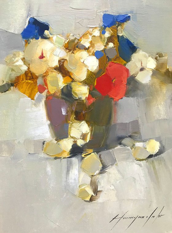 Vase of Pansies, Oil painting by Palette Knife, One of a kind, Handmade artwork