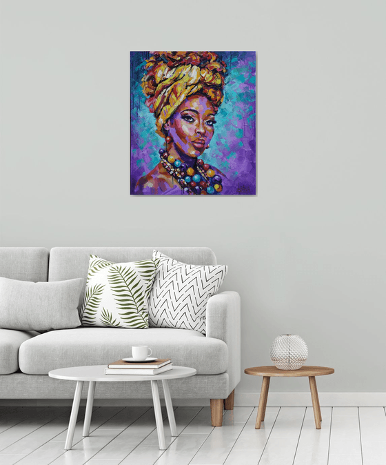 Portrait Multicolored Beads, painting african woman