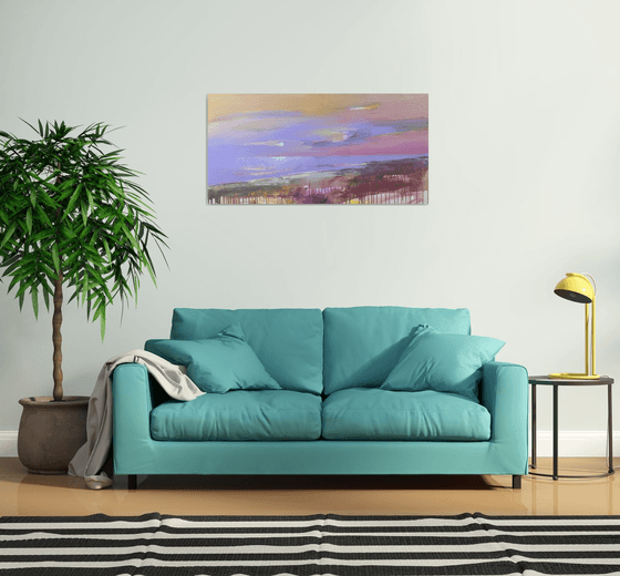 Bright horizontal painting - "Violet sunset" - Landscape - Expressionism - Seascape - Sunset