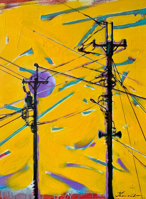 XXXL Urban painting-"Electricity"-Pop art-Polyptych-Bright-Street art-Diptych-Electric pole-Urban-Sunset