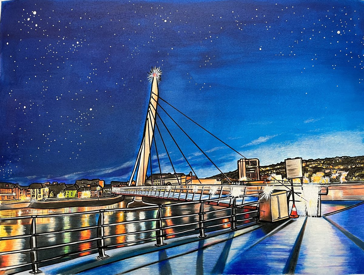 Illustrative Painting , Swansea Sail Bridge By Karen Elaine Evans, 17 X 12, Artwork For Sale On Artfinder