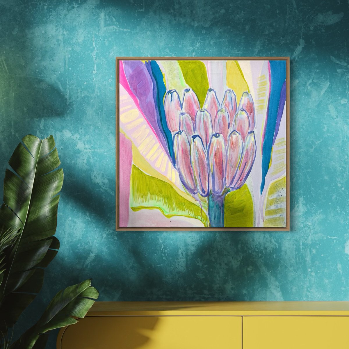 Organic Botanical Acrylic Painting By Kathryn Sillince, 22 X 22", Purple Green Bananas Study Ii, Original Artwork