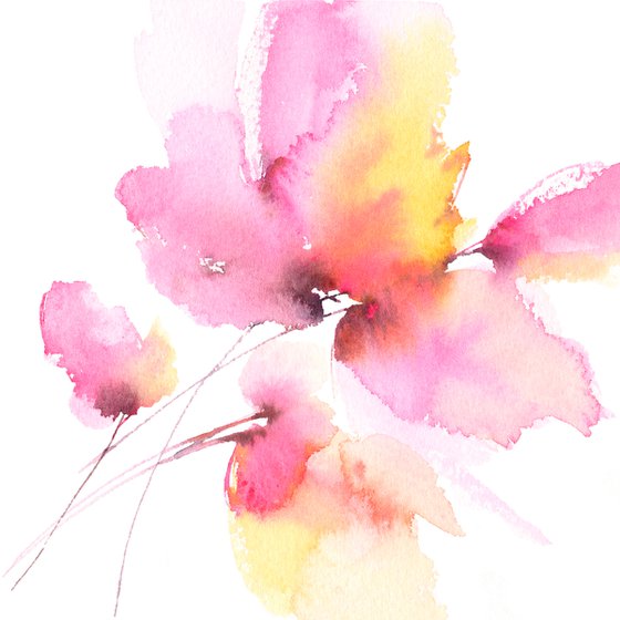 Abstract pink flower painting, small watercolor art