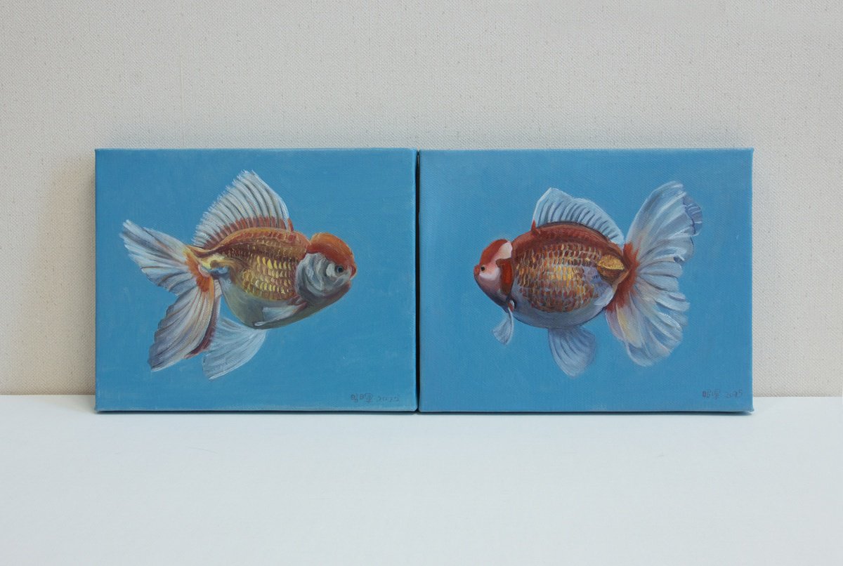 Photorealistic Animal Oil Painting By Zhao Hui Yang, 20 X 8", Goldfish, Original Artwork