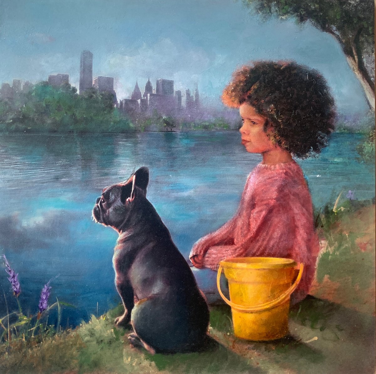 Animal Oil Painting By Angel London, 19 X 19, Girl With The Yellow Bucket, Original Artwork