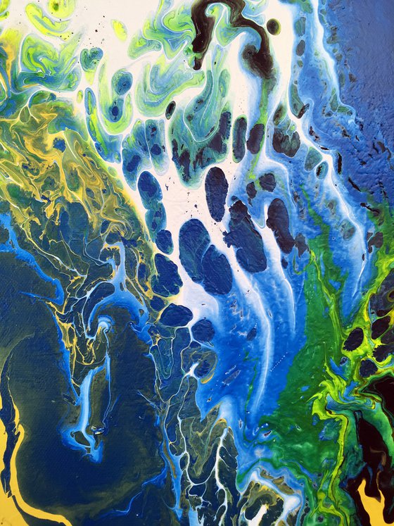 "Neon Waterfall" - Special Price - Original Abstract PMS Fluid Acrylic Painting, 18 x 24 inches