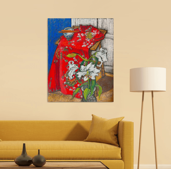WHITE LILIES AND RED KIMONO